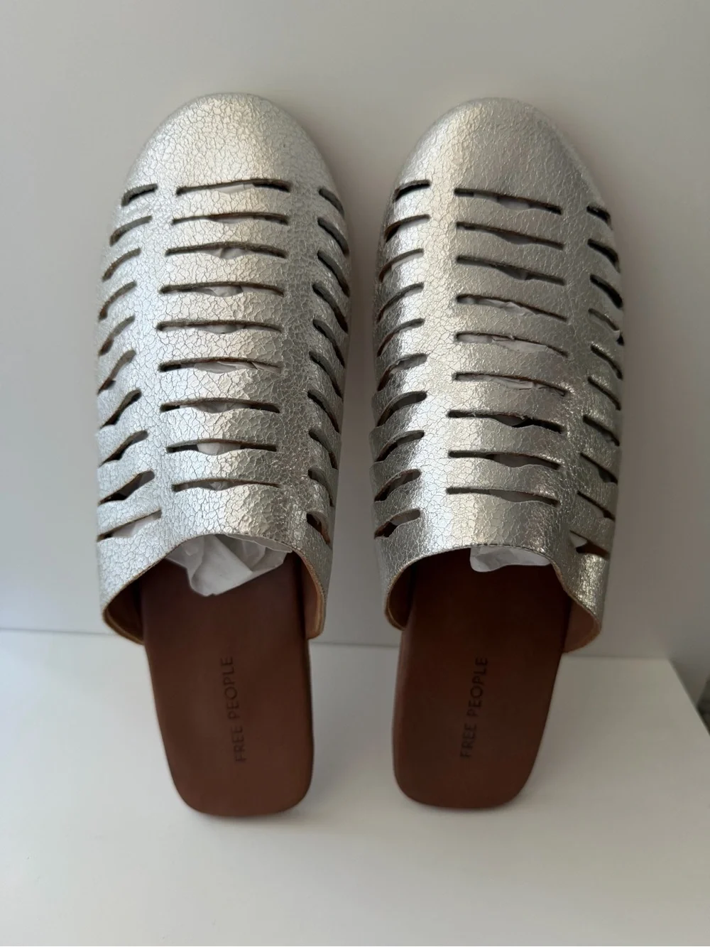 Free People Slice of Sun Silver Leather Cutout Mule Flats - Size 7.5 NWT